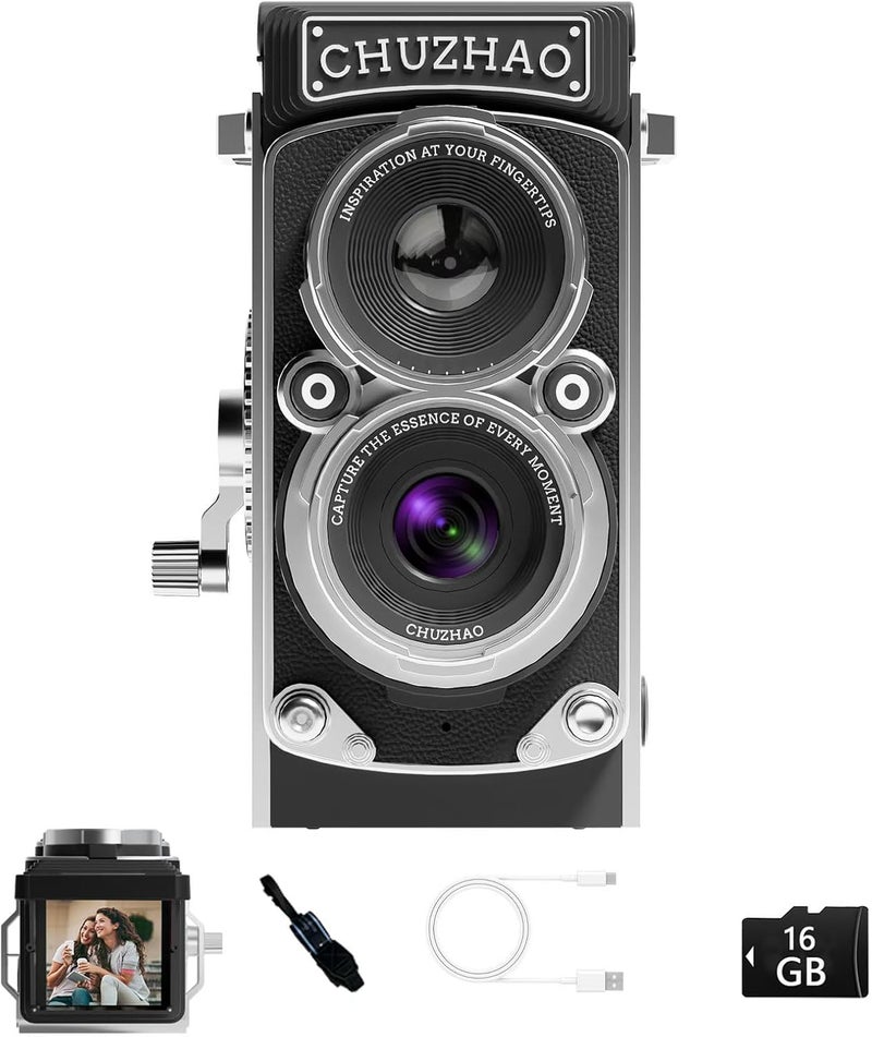 JOYTRIP CHUZHAO Vintage Mini Digital Camera, Portable TLR Style Retro Point and Shoot Compact Small Pocket 1080P FHD Video 12MP Autofocus Vlogging Camera with 16 GB Card for Beginners Teens Adults Black - Image 1